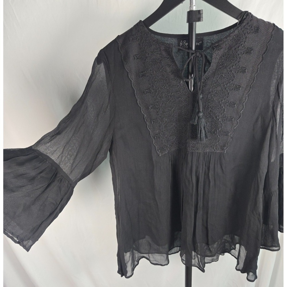 Black Sheer Embroidered Peasant Top Bell Sleeve Tassel Witchy Goth Sz Medium NWT